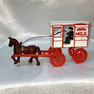 Vintage Cast Iron Fresh Milk Wagon with Horse and Milkman.